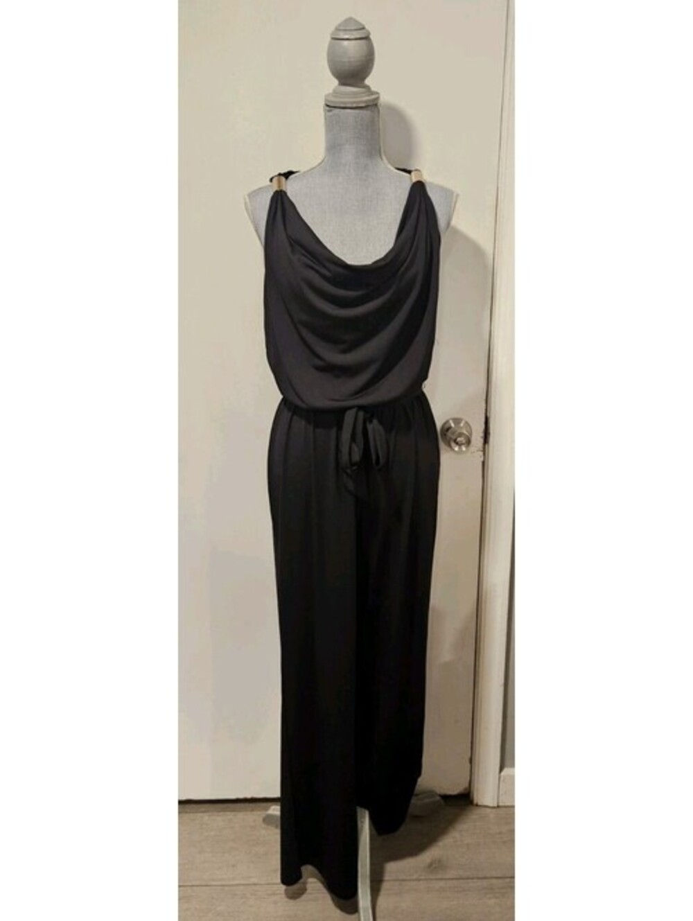 Suzy Shier Medium Black Cowl Neck Gold Accent Belted Jumpsuit